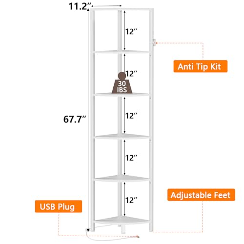 Image of Furnulem 6 Tier Corner Shelf with LED Light, 67.5 inch Tall Standing Shelf Organizer, White Narrow Bookshelf with Storage Rack for Wall Corner, Living Room, Bedroom, Metal Frame, Wood Display Shelf