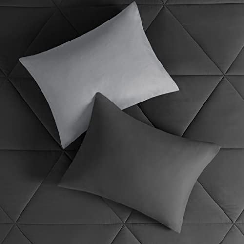 Image of Comfort Spaces Vince Reversible-Bed In A Bag - Trendy Casual Geometric Quilted Cover, All Season Down Alternative Cozy Bedding, Matching-Sham, Twin XL, Reversible Black /Gray 6 Piece