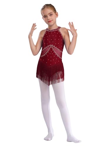 JEATHA Maillot Gimnasia Ritmica Niña Vestido Sin Mangas con Borlas Leotardo De Gimnasia Ropa De Patinaje De Competición Profesional borgoña E 9 10 años