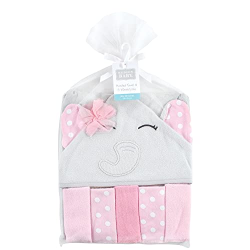 Image of Hudson Baby Unisex Baby Hooded Towel and Five Washcloths, White Dots Pretty Elephant, One Size