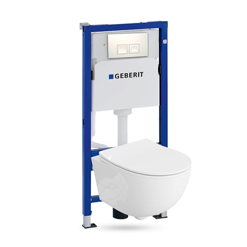 Lavita Duofix Basic Élément mural + WC à chasse profonde Dahlia blanc sans rebord + siège de toilette avec fermeture automatique + bouton blanc Ensemble complet WC