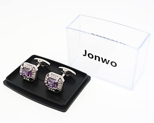 Rectangle Crystal Silver Tone Cufflinks for Men Purple/Blue/Transparent Crystals Men's Cuff Link Set for Wedding Shirt Party Business Birthday Anniversary Dress4