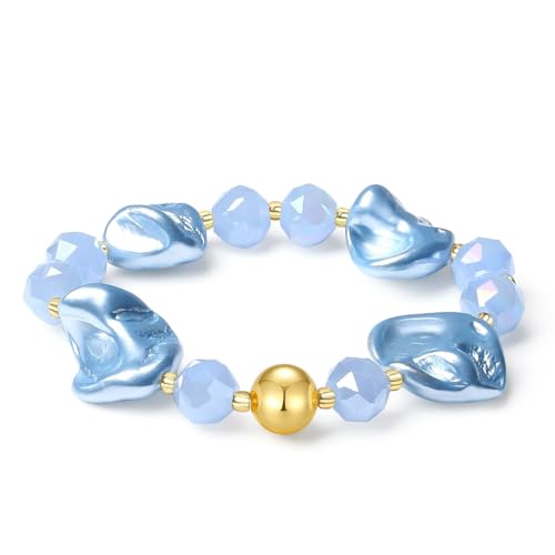 Handmade Original Jewelry 8-14MM Baroque Shell Pearls Multicolor Crystal MetJakt Stretch Bracelet for Women (Light Cyan Jade Crystal)