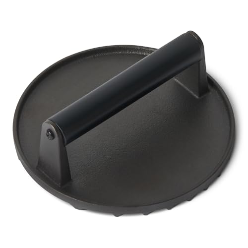Amazon Basics Smash Burger Press, Cast Iron Bacon Press with Wooden Handle, Grooved Bottom for Grill Marks, Round 6.8-Inch, Black, 1-Pack