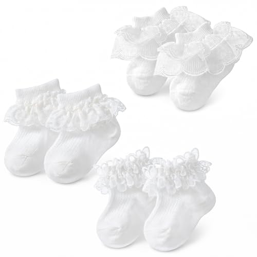 Ajcotahm Lot de 3 paires de chaussettes en dentelle à volants pour bébé - Blanches - Antidérapantes - Simples à volants - Robe de baptême pour bébé, 12 x 5 cm / 4,72, 12-14