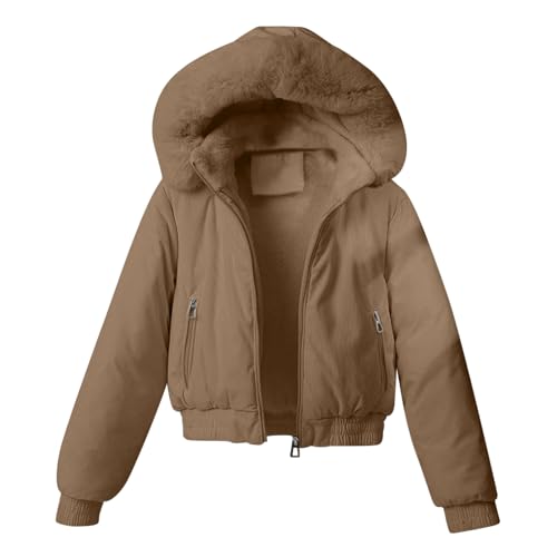 Image of Winter Coats for Women Short Corduroy Jacket Thermal Sherpa Fleece Lined Winter Jackets with Faux Fur Hood Zipper Warm Plush Overcoat Cropped Coats Windproof Outerwear with Pockets