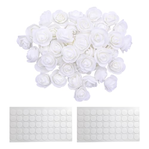 JIHUOO 100 Pcs 3.5cm Extra Small Foam Roses Mini Fake Roses Graduation Cap Flowers 3D Flowers Stickers with 100 Pcs 15mm Sticky Dot Stickers Valentine's Day Decorations White