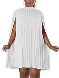 Ekaliy Women’s Casual Cape Sleeve Pleated Split Short Dress Loose Fit Cocktail Party Flowy Dress White L, 23white