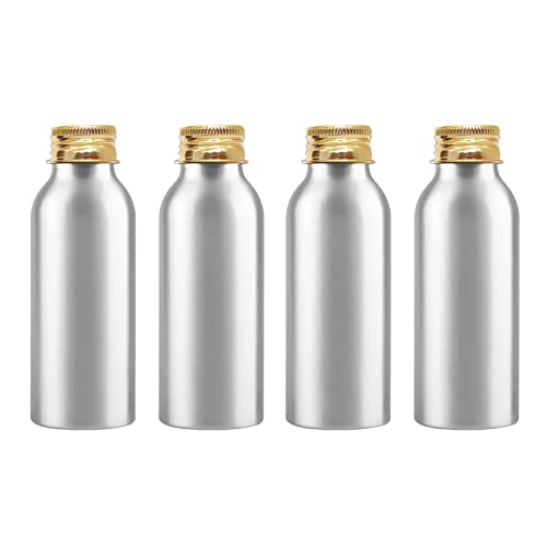 ZEOABSY 4 Pièces Argent Flacon Aluminium Vides 100 ML, Bouteille en Aluminium avec Bouchon en Aluminium Fileté Or pour Cosmétique Shampooing Salle de Bains Hôtel Voyage Rechargeables