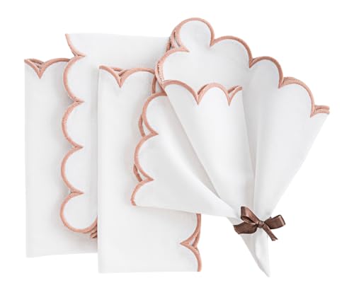 Pastel and White Cotton Napkins, 100% Cotton Scalloped Embroidery Dinner Napkin Set of 4, White Napkins with Pastel Trim Washable Napkin for Wedding, Dinner & Home Décor 18x18