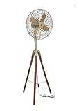 ROYAL CRAFT Handmade Brass Antique Electric Floor Fan with Wooden Tripod Stand – Vintage Industrial Pedestal Fan – Retro Designer Cooling Fan for Living Room, Office, Studio & Home Decor
