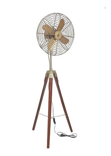 ROYAL CRAFT Handmade Brass Antique Electric Floor Fan with Wooden
