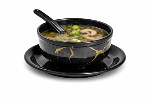 Image of Ariya Melamine Soup Bowl Set | Set of 6 | Black-Golden | 350 ml | with Spoon & Saucer | Microwave & Dishwasher Safe | Premium Serving Bowls for Soup, Noodles & Pasta | Durable Serving Bowls Sets