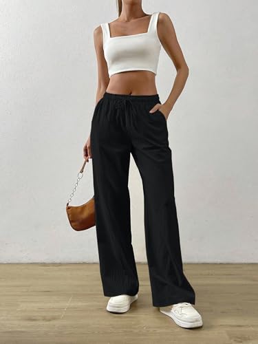Image of TOPLOT Women's Linen Blend Wide Leg Palazzo Pants | Elastic Drawstring Waist Trousers for Woman | Relaxed Fit Casual Lounge Trousers | Breathable Straight Leg Everyday Bottom Wear (5268)