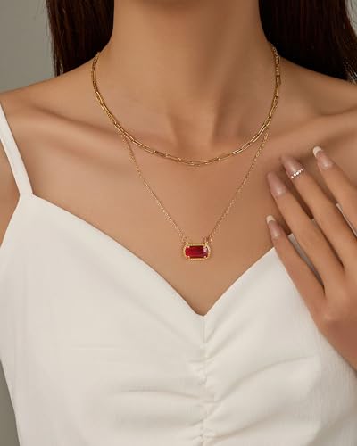 Lourny Gemstone Birthstone Pendant Layered Necklace for Women Trendy, 18K Gold Plated Paperclip Chain Preppy Choker Charm Necklace for Women Wife Jewelry4