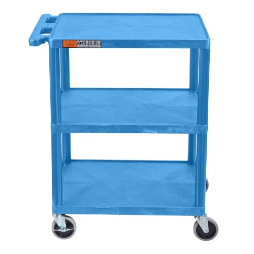 Image of Luxor HE34-BU Utility Cart - 3 Shelves Structural Foam Plastic, Four 4 inch Casters, Two with Locking Brake, Ergonomic Push Handle, 24 inchW x 18 inchD x 34 inchH, Offices, Classrooms
