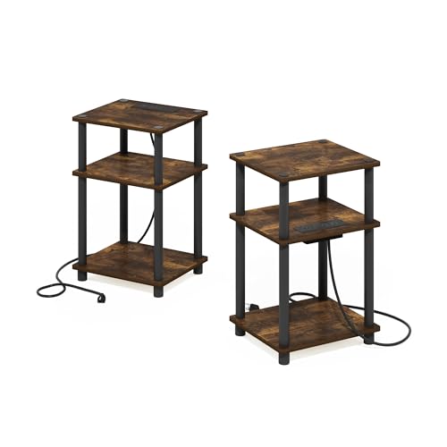 Image of Furinno Just 3-Tier Turn-N-Tube USB and Type-C Charging Port End Table with Open Storage, Amber Pine /Black, Set of 2