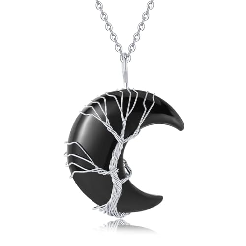 Image of XIANNVXI Tree of Life Wire Wrapped Crescent Moon Pendant Necklace Reiki Healing Crystal Stone Necklaces Natural Gemstone Quartz Jewelry for Women
