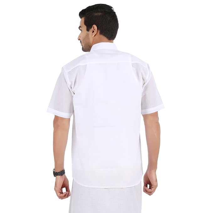 Image of PRAKASAM COTTON Men's Regular Fit Mono Cotton Half Sleeve Shirt | Premium Plain Cotton Blend Fabric | Half White Classic Political Lightweight, Breathable & Comfort Shirt