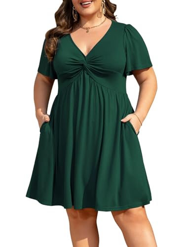 Image of Manllenshie Womens Plus Size Summer Dress Casual Short Sleeves Deep V Neck Twist Knot Front Flowy Dress with Pockets