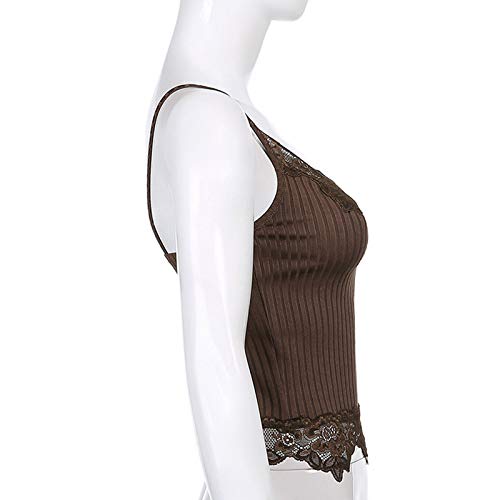 Acsuss Lace Patchwork Crop Top Y2K E Girls Clothes Fairy Grunge Style Cropped Tees Cami Ribbed Knitted Tank Tops Brown #1 L #TOP2