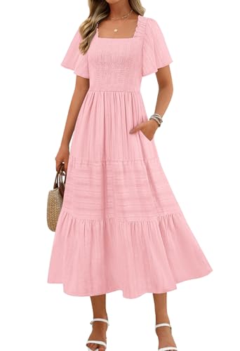 MEROKEETY Women's 2025 Summer Flowy Midi Maxi Dress Short Sleeve Square Neck Smocked Tiered Ruffle Boho Dresses with Pockets