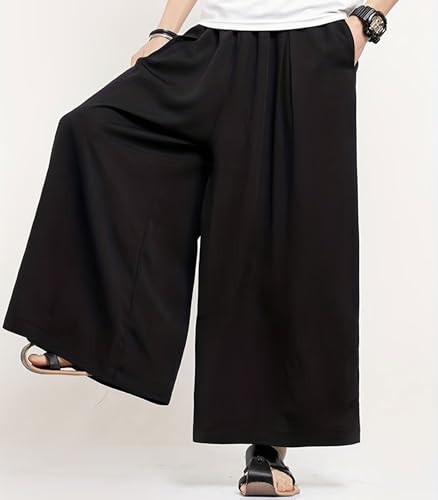 INVACHI Men's Casual Wide Leg Harem Pants Solid Baggy Japanese Pants Lightweight Breathable Elastic Waist Hakama Pants3