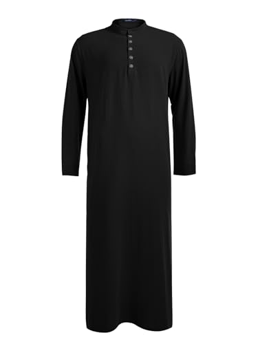 Jacansi Muslim Thobe for Men Kaftan with Pockets Button Down Long Gown Men's Arab Thobe Long Sleeve2