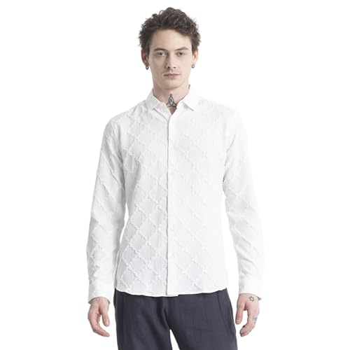 Image of SNITCH TextuRiche White Slim Fit Textured Shirt