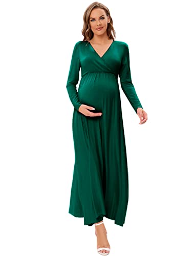 Ziumudy Maternity V Neck Wraped Maxi Dress Long Sleeve Maternity Gown For Wedding Photoshoot Baby Shower (Dark Green, Small) #TOP4