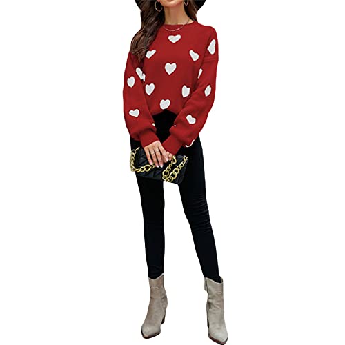 Image of Women's Cute Heart Sweater Love Print Valentine Romantic Knitted Top Casual Crewneck Long Sleeve Sweaters Pullover