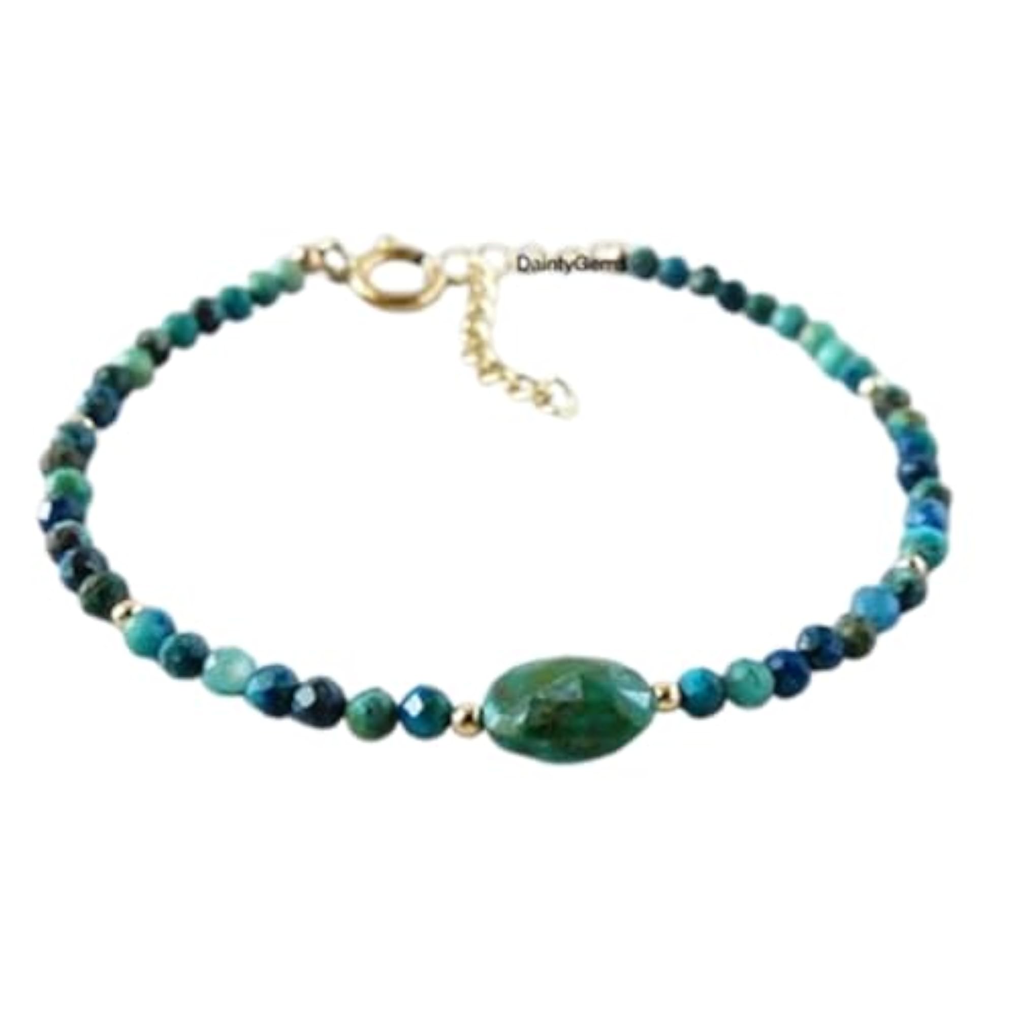 Chrysocolla Round Beaded Bracelet, Adjustable Rose Gold Lock
