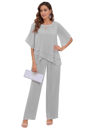 TANPAUL 2 Stück Hosenanzug Damen Festlich Elegant - Chiffon Kurzarm