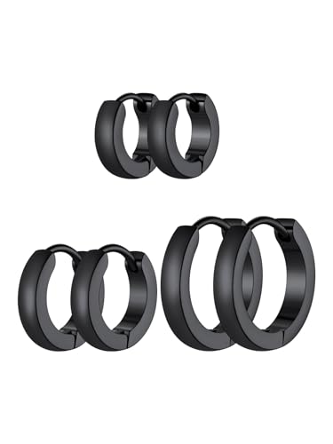 Orecchini Uomo Donna 3Pz Set Orecchini Acciaio Inossidabile Orecchini Cerchio Nero Diametro 7/9/12/14/16mm Impermeabile Ipoallergenico Regalo Compleanno