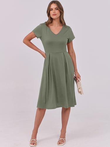 Image of ANRABESS Women Summer Dress Casual Short Sleeve V Neck A-Line Knee Length Pleated Flowy 2026 Fashion Midi Dresses with Pocket