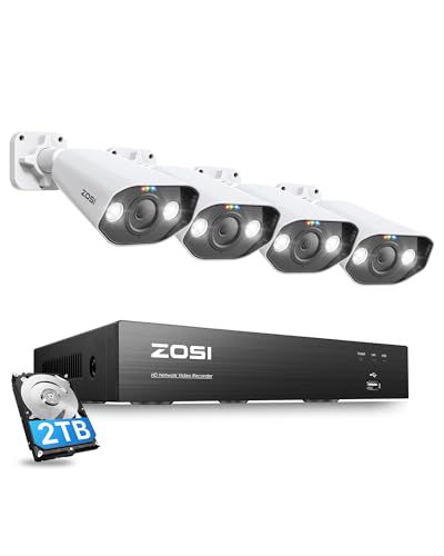 ZOSI 4K PoE Überwachungskamera Set mit 8CH 2TB HDD NVR und 4X 8MP Outdoor PoE IP Kamera, Personenerkennung, Farbe Nachtsicht, Flutlicht Außen Smart Videoüberwachung System