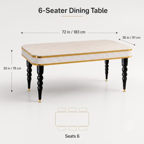 Image of 6-Seater Dining Table Set with Nano Composite Marble Top | Golden PVC Wooden Base | Includes 6 Fabric Upholstered Chairs | 2 Year Warranty | Dining Room Furniture Set for Home (Sea Blue)