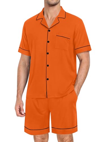 Image of SWOMOG Mens Pajama Set Short Sleeve 2 PCS Sleepwear Button Down Soft Loungewear Modal Set Pj Set with Pockets S-3XL