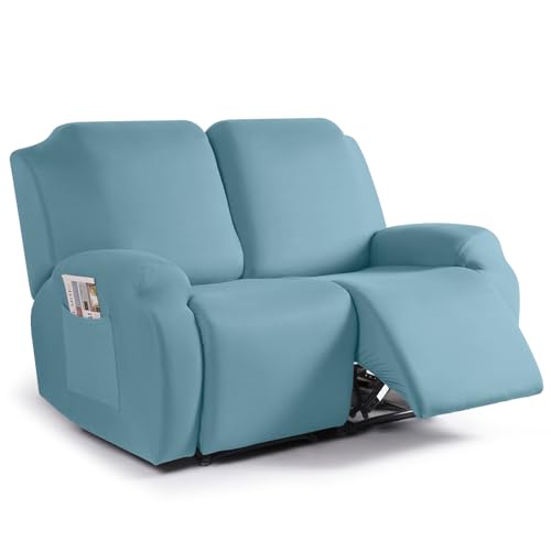 Image of TAOCOCO Recliner Loveseat Slipcover, 2 Pieces Polyester Fabric Stretch Sofa Covers for 2 Seat Reclining Couch, Soft Washable Furniture Protector with Pockets (2 Seat, Aqua Blue)