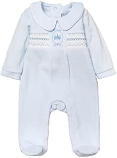 Baby Boys Velour Sleepsuit Blue Crown Embroidered Smocked Romper Age 6 9 Months