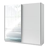 Blanc Mat PRICE FACTORY just for you Armoire, Garde Robe ARSALA 200 cm Deux Portes coulissantes. Dressing Complet avec Miroir, penderie et étagères. Coloris Blanc