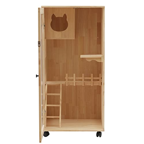 Wooden Cat House for Indoor and Outdoor Cats, Luxury Multi-Feature Cat Condo with Scratching Posts, Wheels, Catio Cat Enclosure for Cats and Breeds