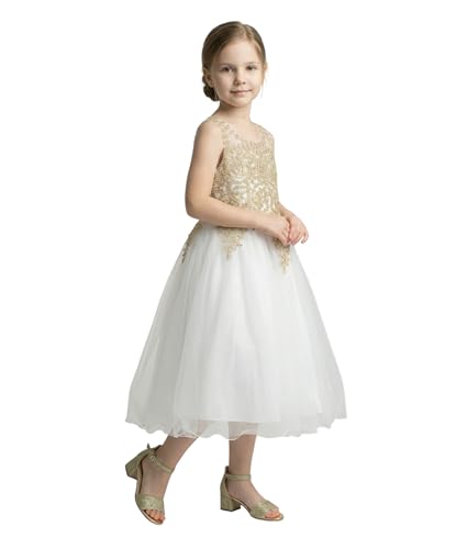 Vestido de tul bordado para niñas de las flores con cuello ilusión y espalda corsé