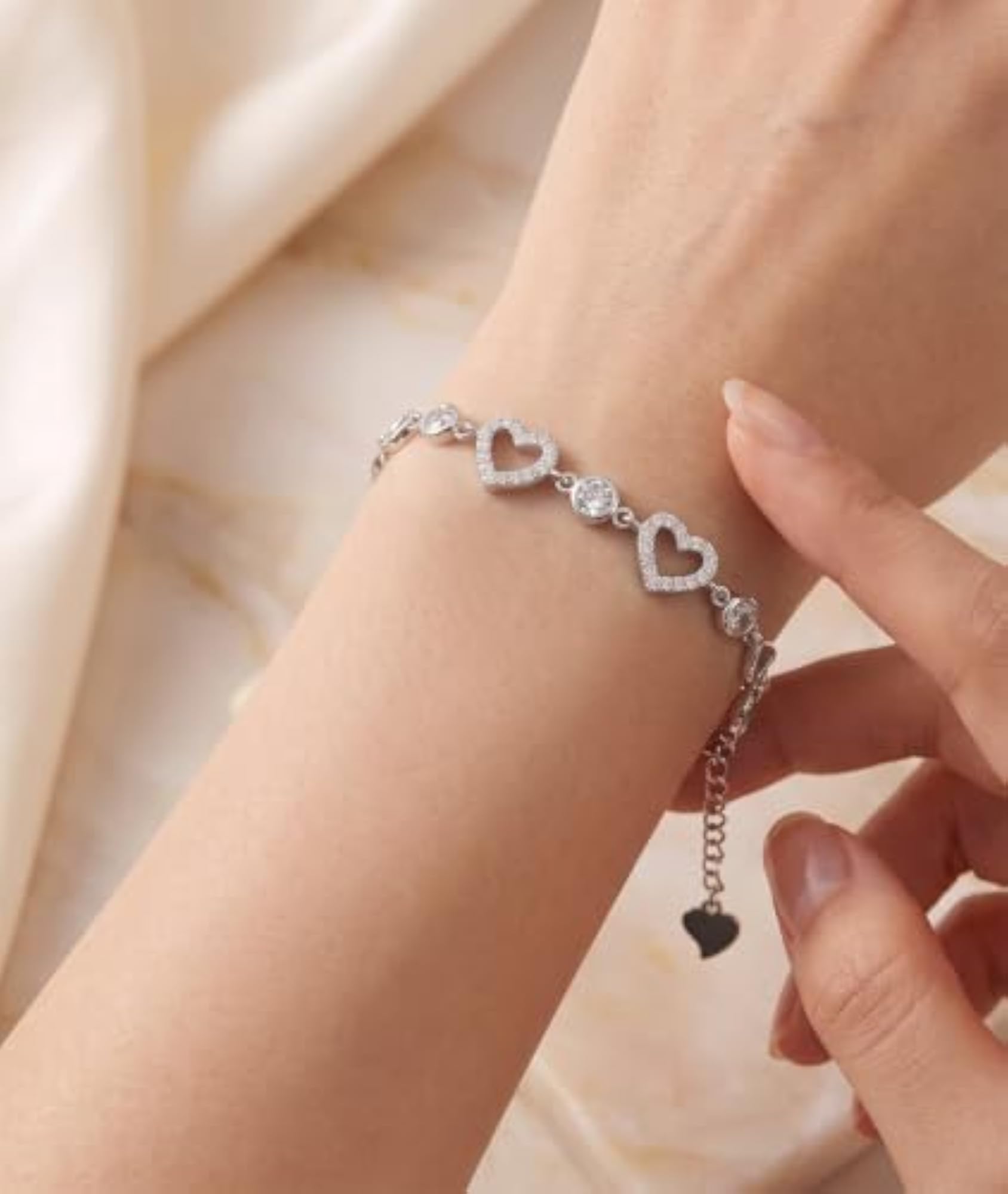 Women's 925 Sterling Silver Heart Chain Bracelet with CZ