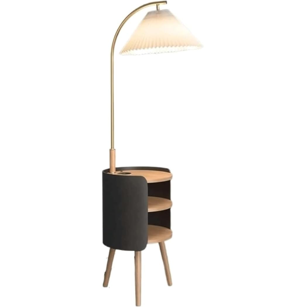 AZHKJKZH Floor Standing Lamp European Style Floor Lamp with Three-Layer Storage Tray Tall Lamps USB Charging Pleated Lampshade Living Room(Black)