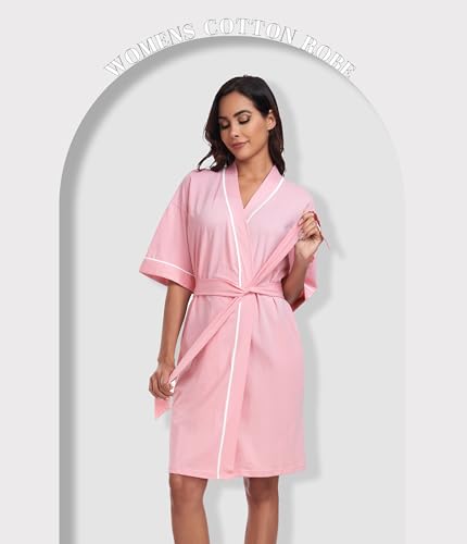 Image of ANLIQI Womens 100% Cotton Robes Lightweight Summer Short Sleeve Lady Bathrobe Knee Length Kimono Robe Sleepwear with Pockets