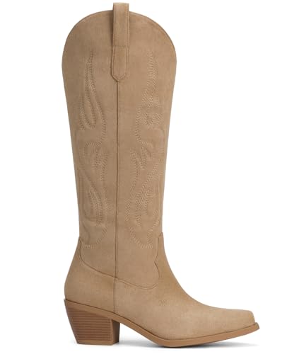 Image of Pasuot Western Cowboy Boots for Women - Knee High Wide Calf Cowgirl Boots, Slip On Pointed Toe Chunky Heel Fashion Retro Classic Pull On Tall Boot for ladies Party concert