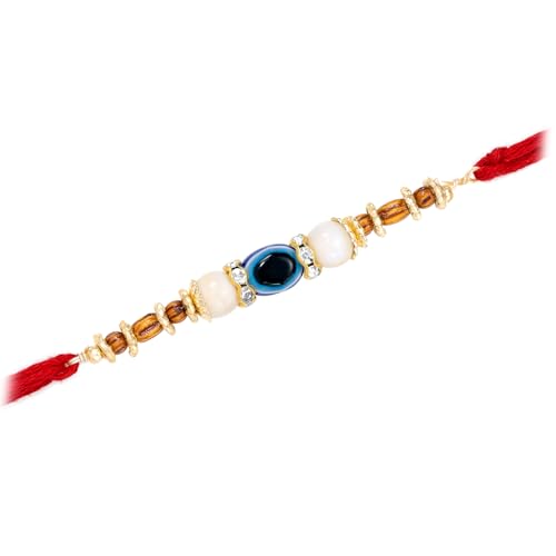 Image of Peora Evil Eye & Crystals Studded Rakhi for Brother Bhaiya | Red Thread | Raksha Bandhan Hamper with Roli Chawal Greeting Card