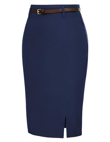 Image of Kate Kasin Women Pencil High Waist Knee Length Bodycon Skirt with Belt