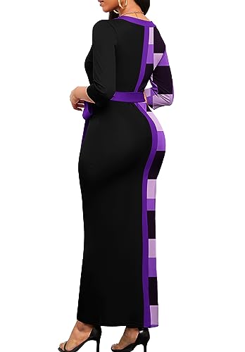 Nmoder Maxi Dress for Women Long Church Cocktail Casual Dresses Colorblock Front Split 3/4 Sleeve V Neck Pencil Dress3